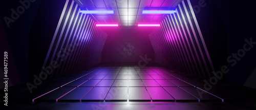Fotografie, Tablou Futuristic Space Age Background Wallpaper spaceship interior with glowing neon lights podium on the floor