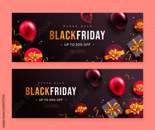 Set of black friday horizontal sale banner with realistic glossy balloons, gift box and discount text. Vector illustration