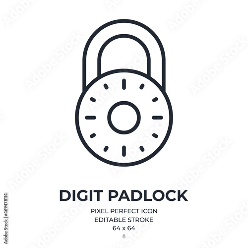 Digit padlock editable stroke outline icon isolated on white background flat vector illustration. Pixel perfect. 64 x 64.