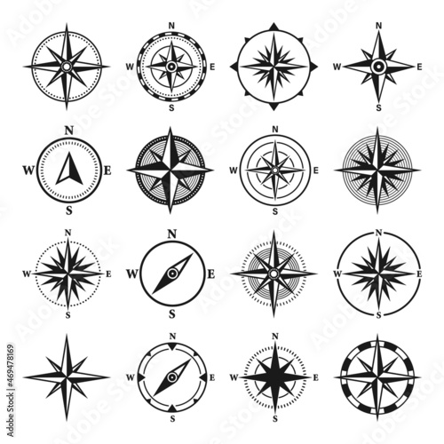 Vintage marine wind rose, nautical chart. Monochrome navigational compass with cardinal directions of North, East, South, West. Geographical position, cartography and navigation. Vector illustration.