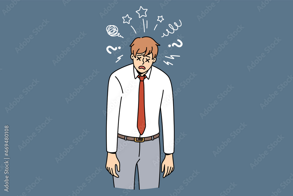 Feeling stressed and tired concept. Young man worker cartoon character wearing official clothes standing with crosses instead of eyes feeling exhausted at work vector illustration 