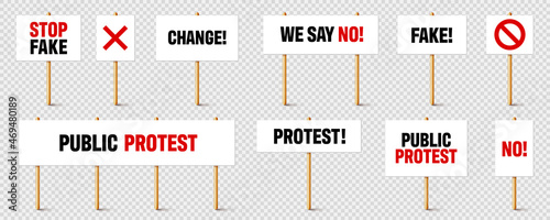 Protest signs with slogan on wooden holder. Realistic vector demonstration banner. Strike action cardboard placard mockup.