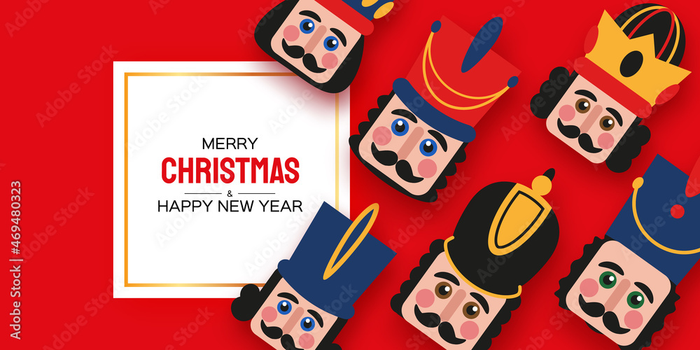 Christmas Nutcracker in paper cut style. Cute soldier toy. December Ballet party. Creative Merry Xmas invitation. Happy New Year. Winter holidays. Space for text.