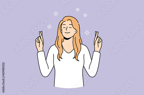 Feeling hope with crossed fingers concept. Young positive woman cartoon character standing with eyes closed holding fingers crossed vector illustration 