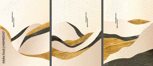 Vector graphic illustration. Abstract landscape. Mountains, hills. Japanese wavy pattern. Backgrounds collection. Asian style. Design for poster, book cover, web template, brochure. Gold paint