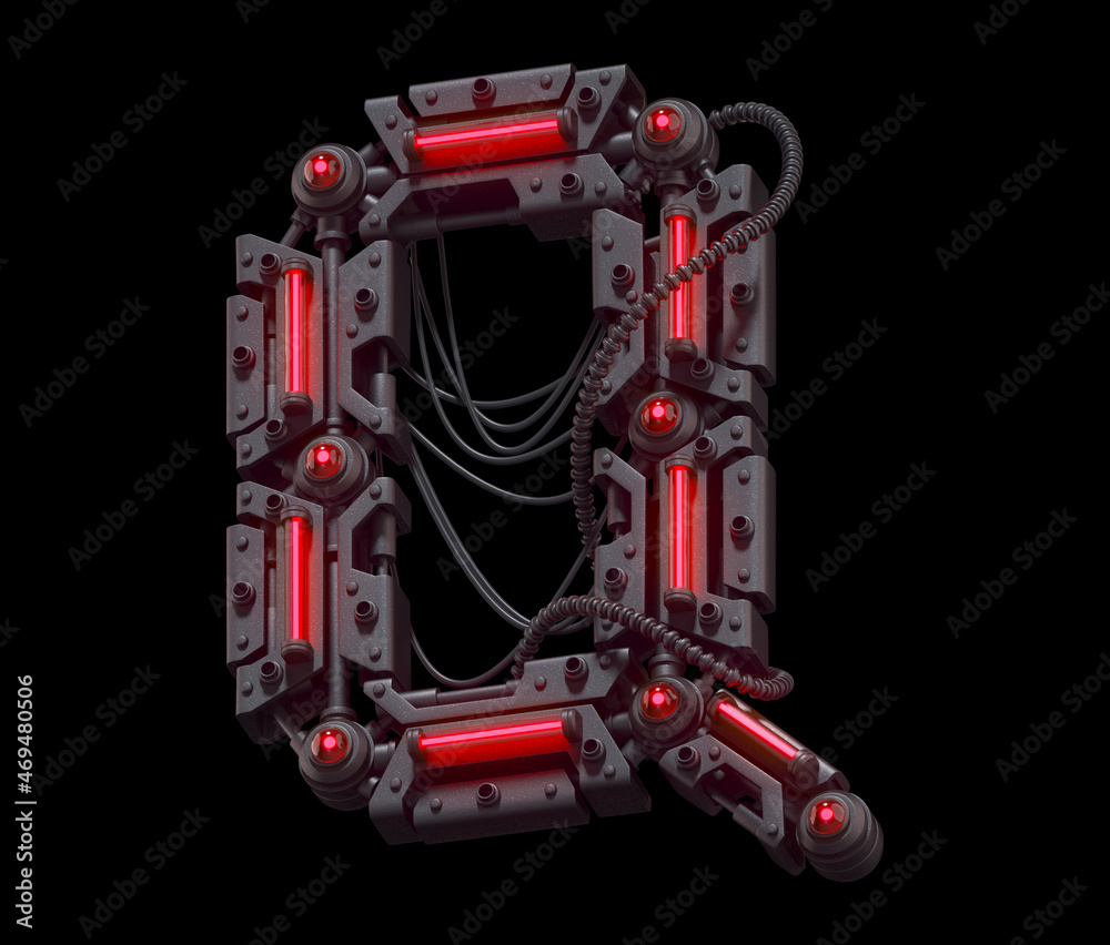 Fototapeta premium Black futuristic font. Light red neon. Letter Q. 