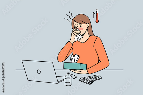 Feeling fever and ill concept. Young woman worker cartoon character sitting in office at laptop having high temperature and sick vector illustration 