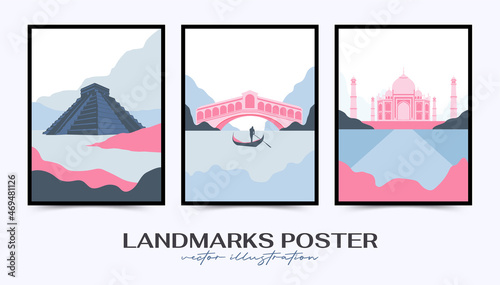 Travel poster post card vintage template. Limited colors, no gradients. Vector illustration.