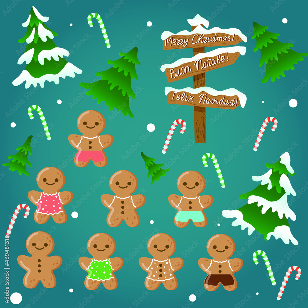 christmas stickers set on turquoise background. christmas pine tree, road marker, snow, gingerbread boy and girl, candy canes illustration christmas stickers set on turquoise background. christmas pine tree, road marker, snow, gingerbread boy and girl, candy canes illustration