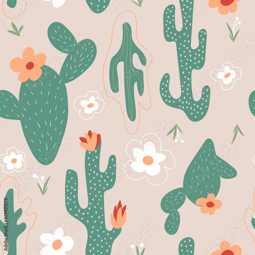  Seamless pattern with cactus, flowers, grass. Colorful design for fabric, gift paper, posters, wallpaper, social media banner, background, cover and print on a different product.