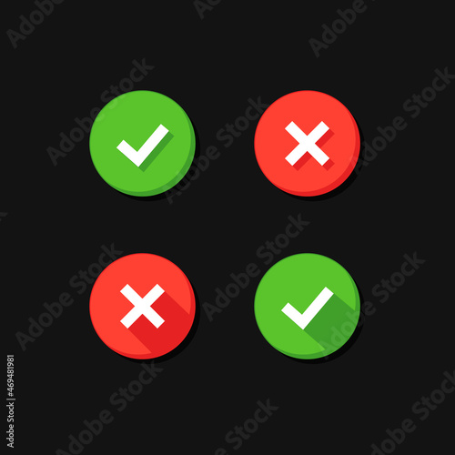 Checkmark and cross sign set. Approved. Rejected. Vector illustration on black background