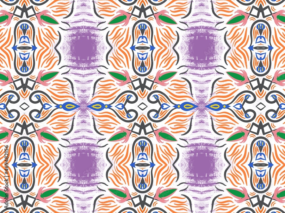 Traditional Boho Ikat Ornament. Ethnic Tribal Argyle Seamless Pattern. Abstract Mosaic Geometric Diamond Shapes Colorful Background. Digital art illustration