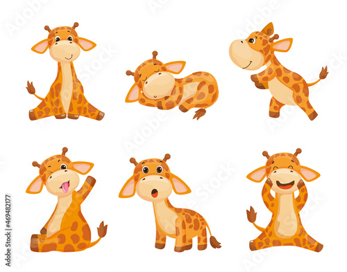 Fototapeta Naklejka Na Ścianę i Meble -  Collection of cartoon illustrations with giraffe performing different actions. Colorful cute character.