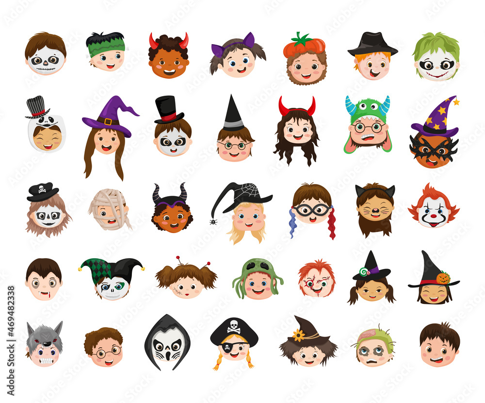 Fototapeta premium Collection of kids avatars in Halloween costumes. Portraits with hats and masks.