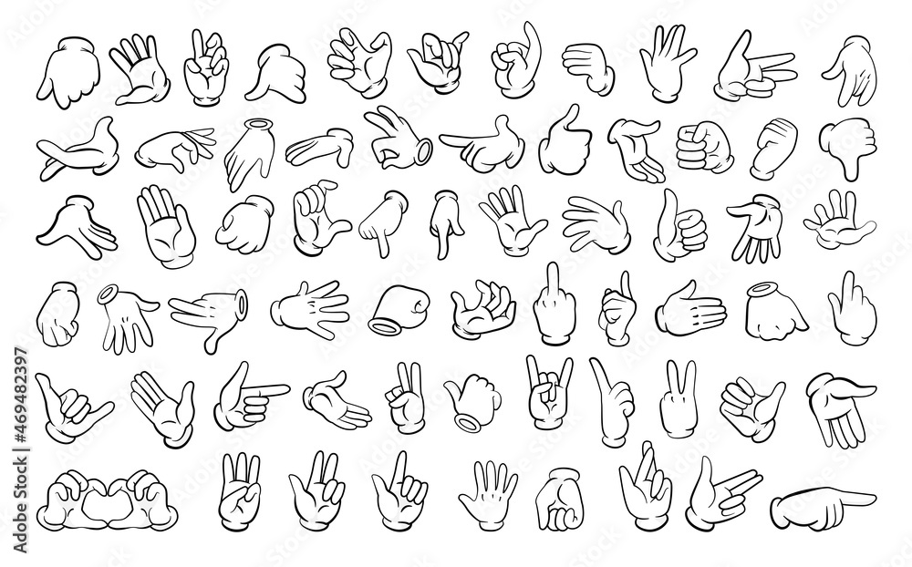 Set of different gestures of hands in gloves in a linear style.