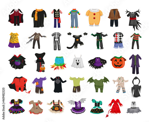 Collection of children's Halloween costumes. Popular characters' clothing.