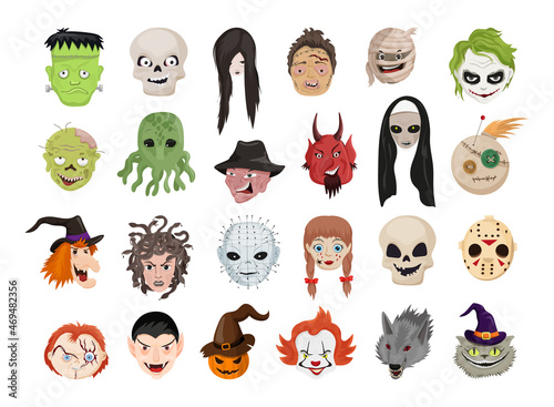 A collection of avatars of popular characters. Halloween fantasy character heads. Illustration for creating stickers.