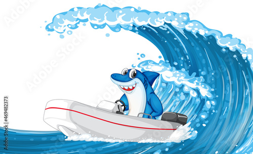 Shark on dinghy boat with ocean wave photo