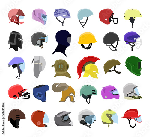 Vector collection of colorful helmets. Flat illustration.
