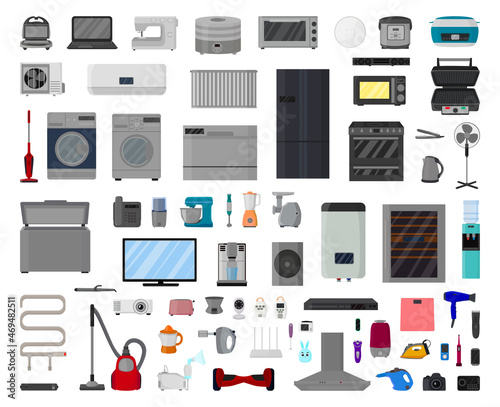 Vector collection of home appliances and electronics. Household equipment.