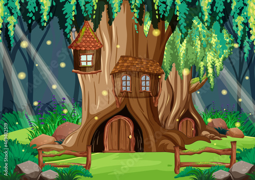 Fantasy forest scene with hollow tree house