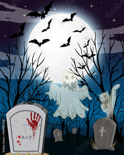 Forest cemetery at night with full moon