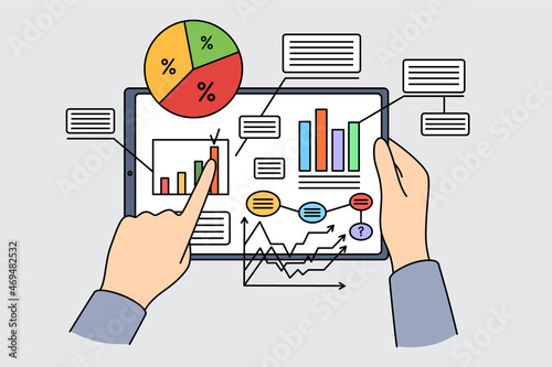 Business data and statistics concept. Human hands holding tablet with development statistics metadata on screen vector illustration 