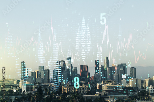 Multi exposure of virtual abstract financial graph interface on Los Angeles cityscape background, financial and trading concept © Pixels Hunter