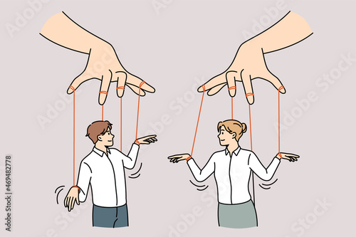 Social influence and independence concept. Human hands holding two business people with threads as marionettes vector illustration 