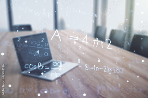 Creative scientific formula illustration on modern computer background, science and research concept. Multiexposure