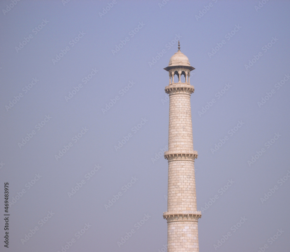 Minaret at the Taj Mahal, Agra, India. Architectural Column