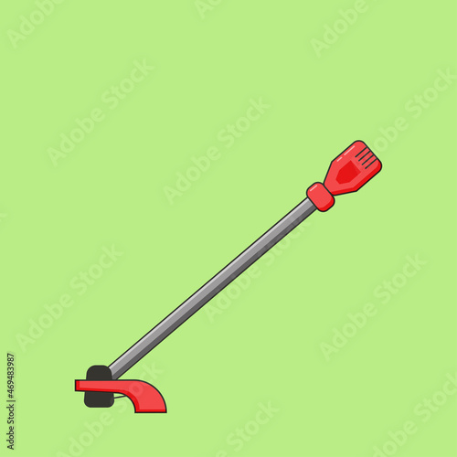 Illustration of a lawn mower (trimmer) at an angle on a green background.