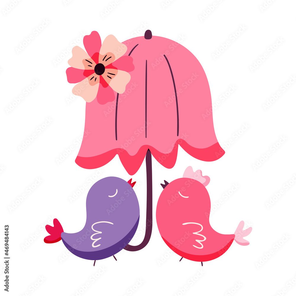 Valentine's day concept with a couple of cute birds under an umbrella. Vector hand drawn illustration Valentine's day concept with a couple of cute birds under an umbrella. Vector hand drawn illustration
