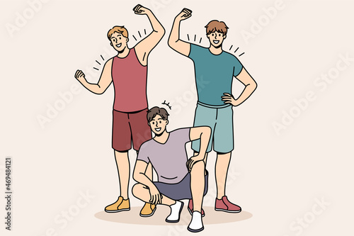 Athletes and sport lifestyle concept. group of young smiling strong men standing sitting showing biceps after workout vector illustration 