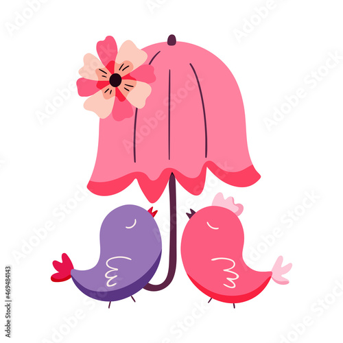 Valentine's day concept with a couple of cute birds under an umbrella. Vector hand drawn illustration
