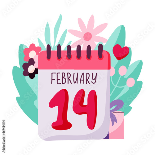 Valentine's day concept with a loose-leaf calendar on a floral background. The 14th of February. Vector hand drawn illustration