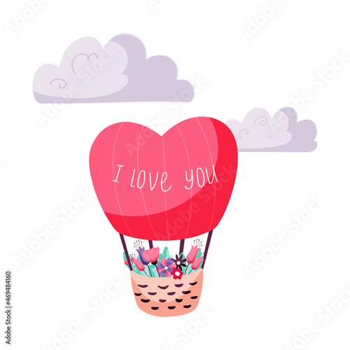 Valentine's day concept with hot air balloon and bunch of flowers. Vector hand drawn illustration of isolated elements for february 14