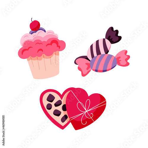 Candy set for Valentine's Day. Vector hand drawn illustration of candy box, cupcake and sweets. Sweet dessert for February 14