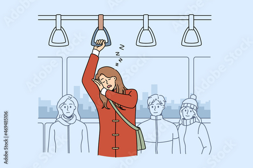 Feeling sleepy in public transport concept. Young woman cartoon character standing trying to sleep im public bus on way to work vector illustration 