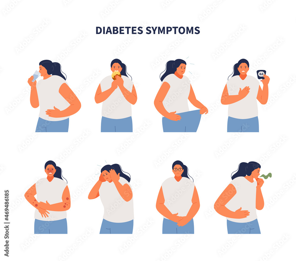 Obraz premium Sick girl suffering from diabetes symptoms. Vector illustration