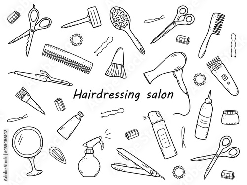 Hairdressing tool kit for beauty salon or home use. Vector illustration of doodle icons for self and hair care. Comb, razor, hair dryer, curling iron and other items.