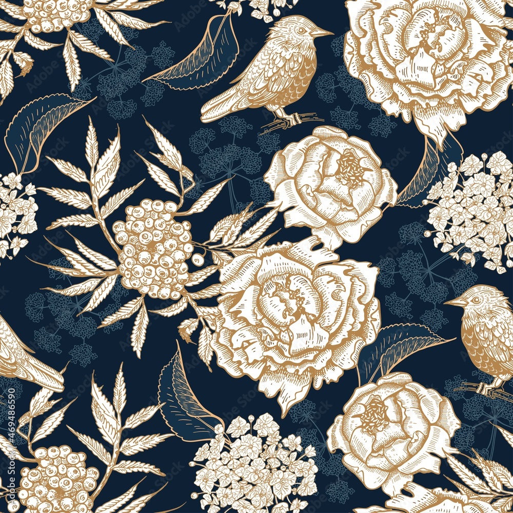Seamless pattern with flowers and birds. Blue vintage background.
