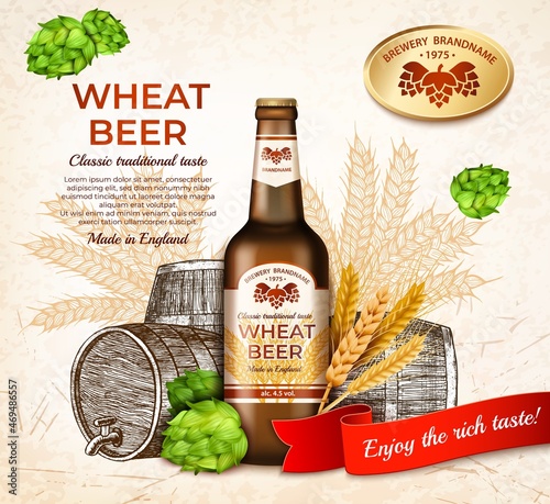 Realistic Detailed 3d Brown Glass Beer Bottle with Wooden Barrel and Green Hops Ads Banner Concept Poster Card. Vector illustration