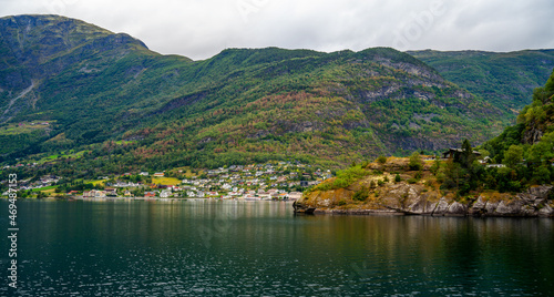 Village on the side of the Sognefjord near Flam, Norway 