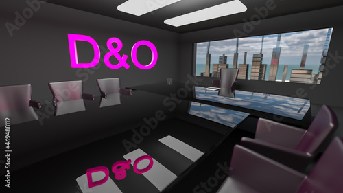 D and O. Directors and officers liability Insurance concept. Director's office with a large table and skyscrapers outside the window. 3d rendering photo