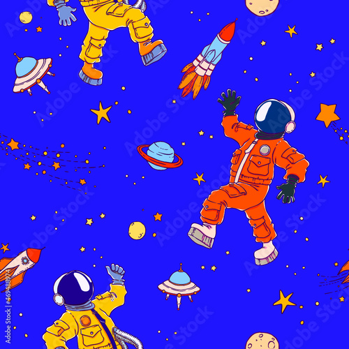 Seamless pattern with space, astronauts, UFOs, planets, stars and space objects. Wallpaper, textile, fabric, baby products.