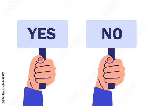 Yes, no banner. Choice, voting icons. Hand with positive and negative sign.