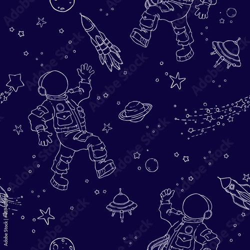 Seamless pattern with space, astronauts, UFOs, planets, stars and space objects. Wallpaper, textile, fabric, baby products.