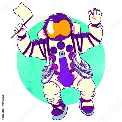 Illustration greeting astronaut silver space suit and face mask with an open palm and an empty flag. Behind watercolor texture space. Vector drawing isolated on white background. T-shirt printing.