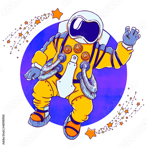 Illustration greeting astronaut in an orange space suit and face mask with an open palm. Behind watercolor texture space. Vector drawing isolated on white background. T-shirt printing.